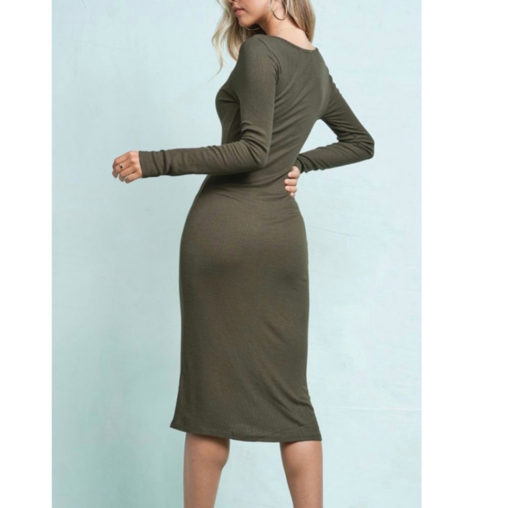 Olive green bodycon ribbed knit midi dress - Picture 7 of 7